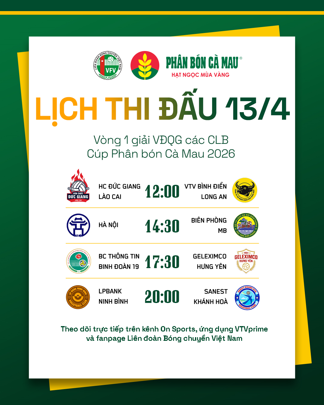 Lịch thi đấu bóng chuyền vô địch quốc gia hôm nay (13-4)

